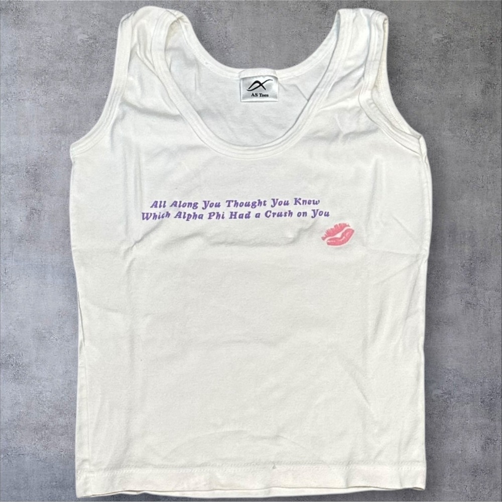 AS Tees White Tank‎ Top Alpha Phi Sorority Kiss Graphic One Size Medium